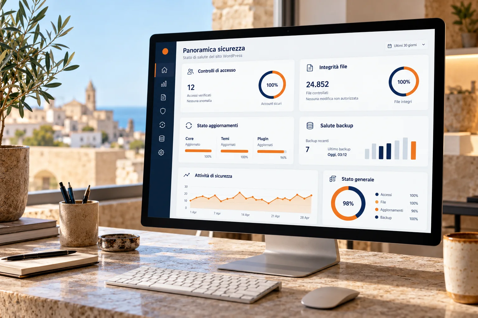 Dashboard di analisi della sicurezza WordPress con accessi, integrità dei file, aggiornamenti e backup